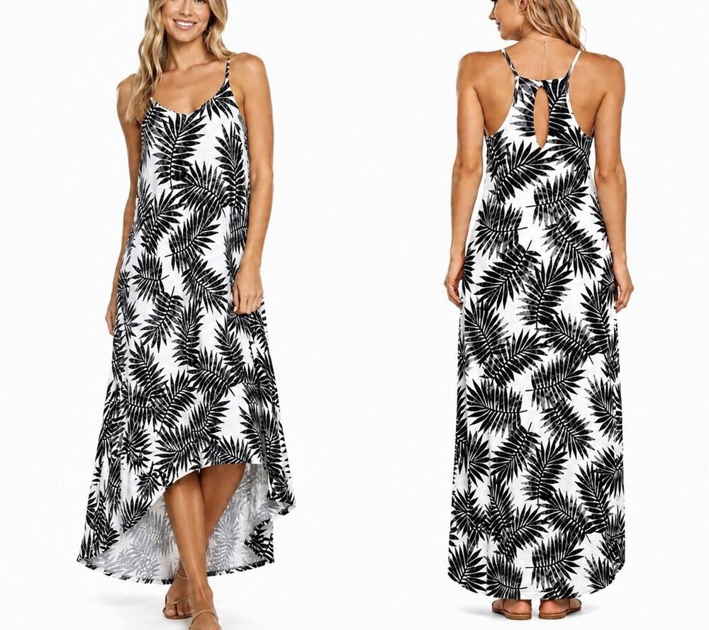 C & C California Hi Lo Halter Palm Print Dress Sz Medium M Black White Stretch